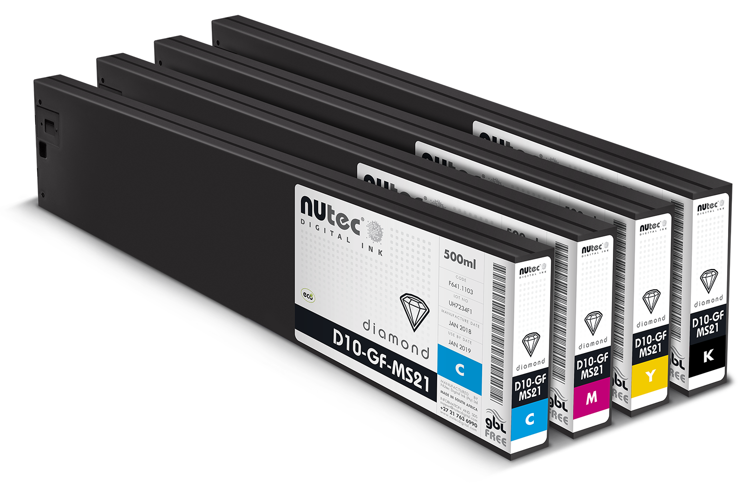 NUtec Digital Ink D10-GF-MS21 500ml CMYK ink cartridges for digital printing, part of NUtec's GBL-free solvent ink range, suitable for professional applications