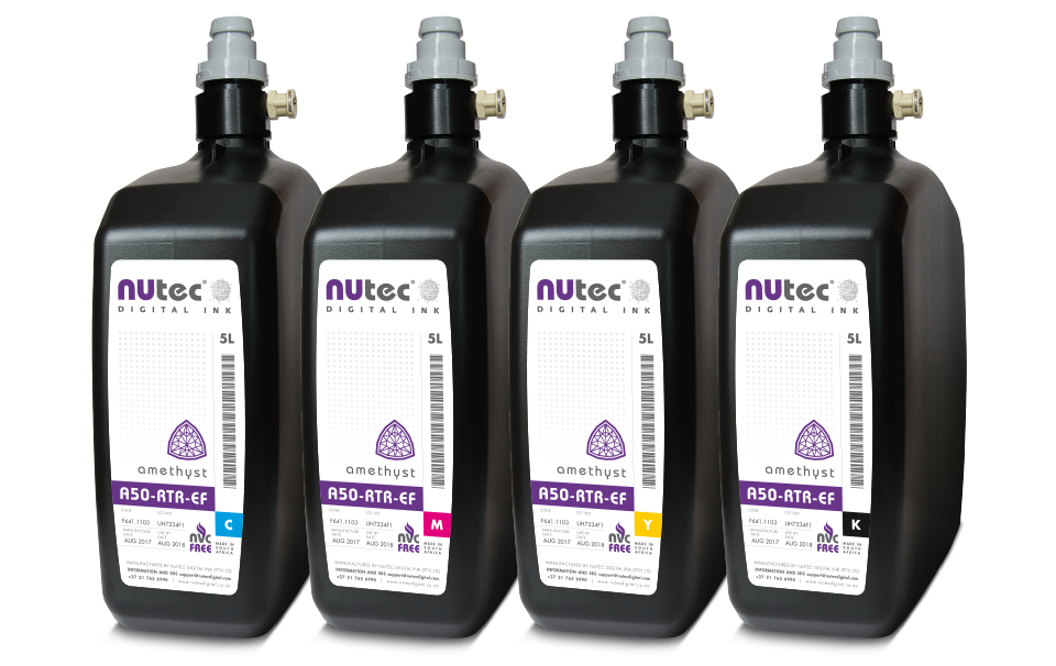 NUtec Digital Ink A50-RTR-EF 5L ink pack for UV curable digital printing, suitable for versatile industrial applications, with four individual ink bottles shown.