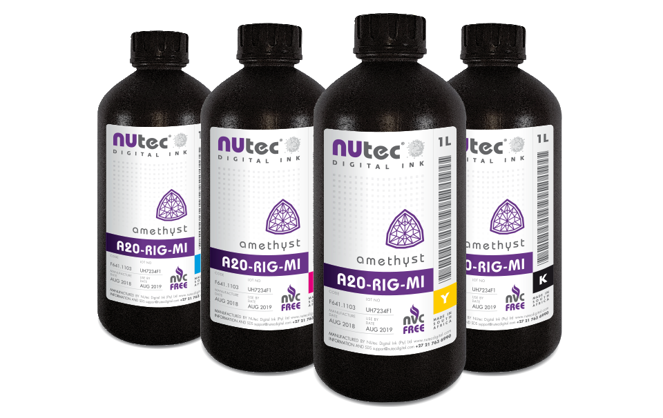 NUtec digital ink A20-RIG-MI UV ink bottles for Mimaki JFX printers, rigid UV printing ink, high-quality UV ink for digital printing.