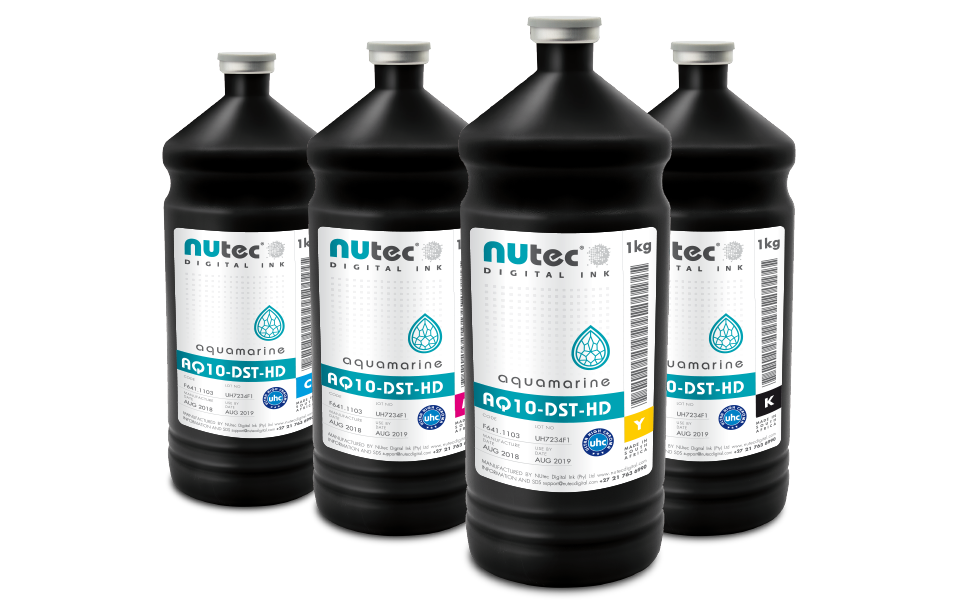 NUtec Aquamarine AQ10-DST-HD dye sublimation ink bottles showcasing ultra-high chroma ink technology for digital printing applications.