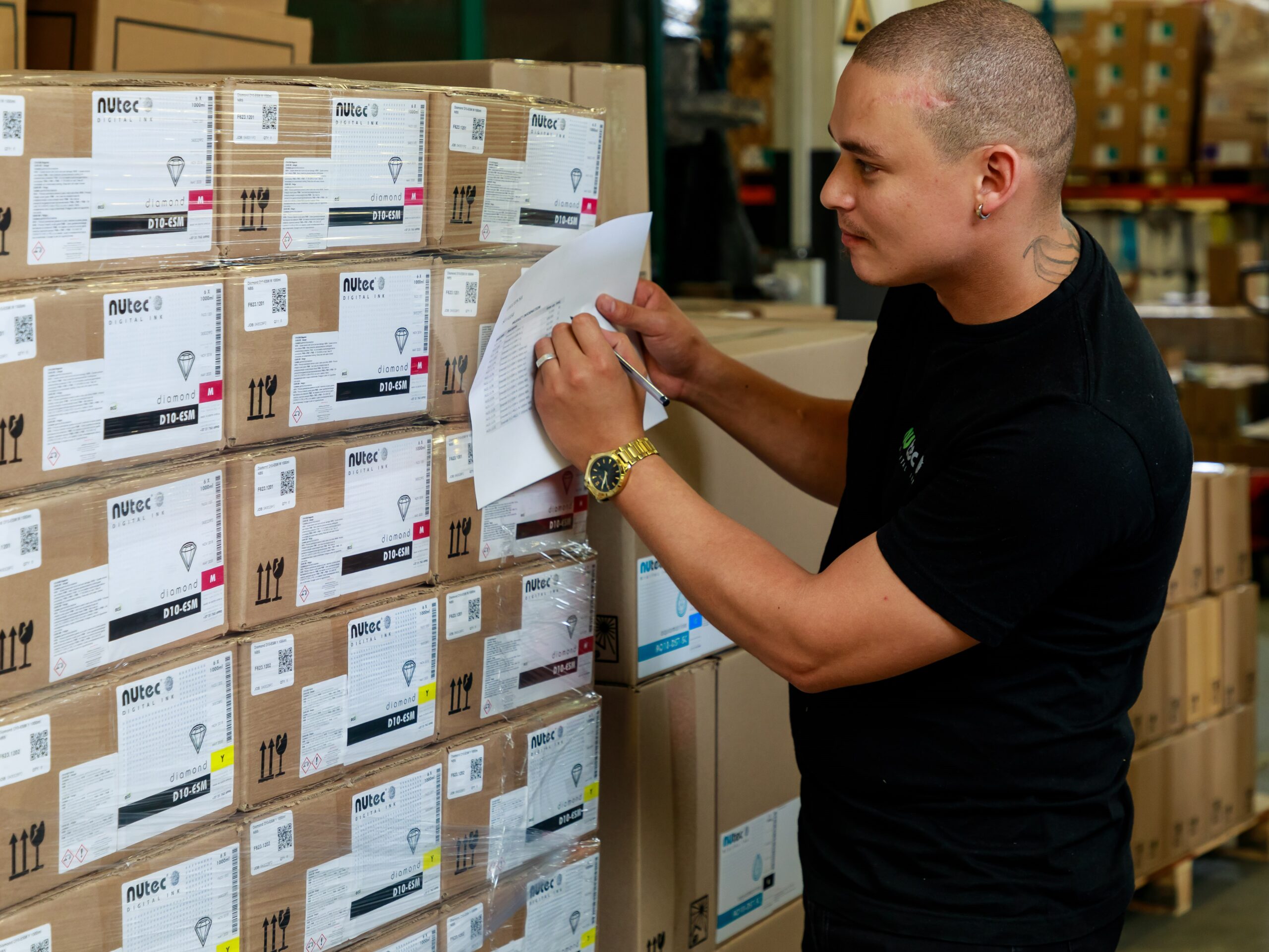 NUtec digital inks ready for export in packaging, demonstrating compliance with EU standards for digital printing inks