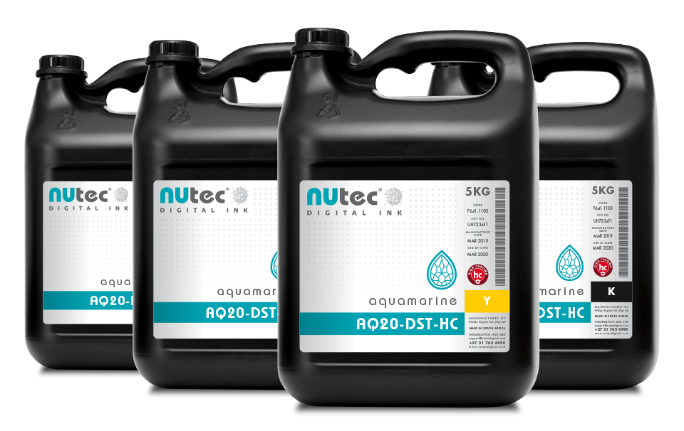 NUtec Digital Ink's water-based dye sublimation aqua range with AQ20-DST-HC 5KG containers, suitable for digital printing applications.