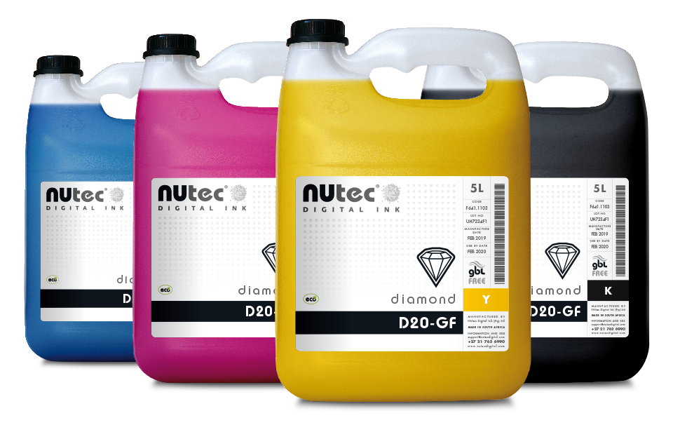 NUtec Digital Ink's GBL-free D20-GF digital printing ink in 5L containers, part of the latest responsibly formulated ink offering.