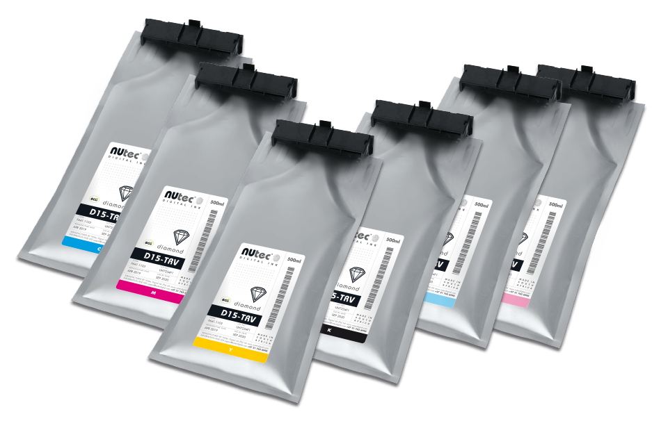 NUtec TruVis low smell eco-solvent digital ink pouches for Ricoh printheads, compatible with Roland TrueVIS VG & SG printers, chemically matched to TR inks