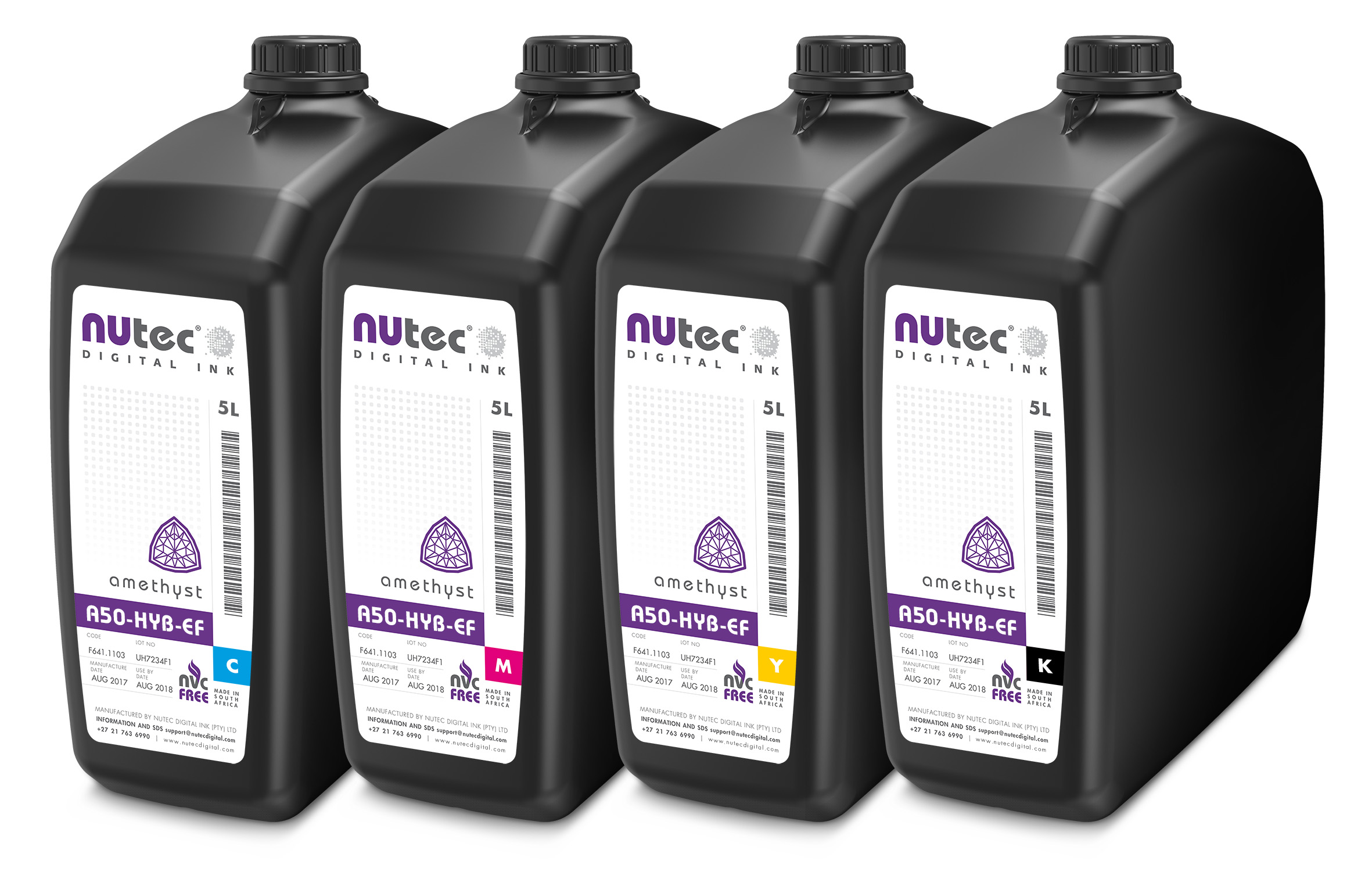 NUtec digital ink A50-HYB-EF 5L bottles for CMYK printing, suitable as UV alternative inks for EFI® VUTEk® printers, black, cyan, magenta, and yellow color options showcased