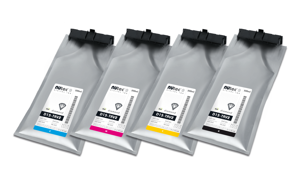 NUtec Digital Ink TruVis Pouch D15-TRV2 500ml CMYK ink packs for Roland® digital printers, part of the global momentum for NUtec’s TRV2 ink series.