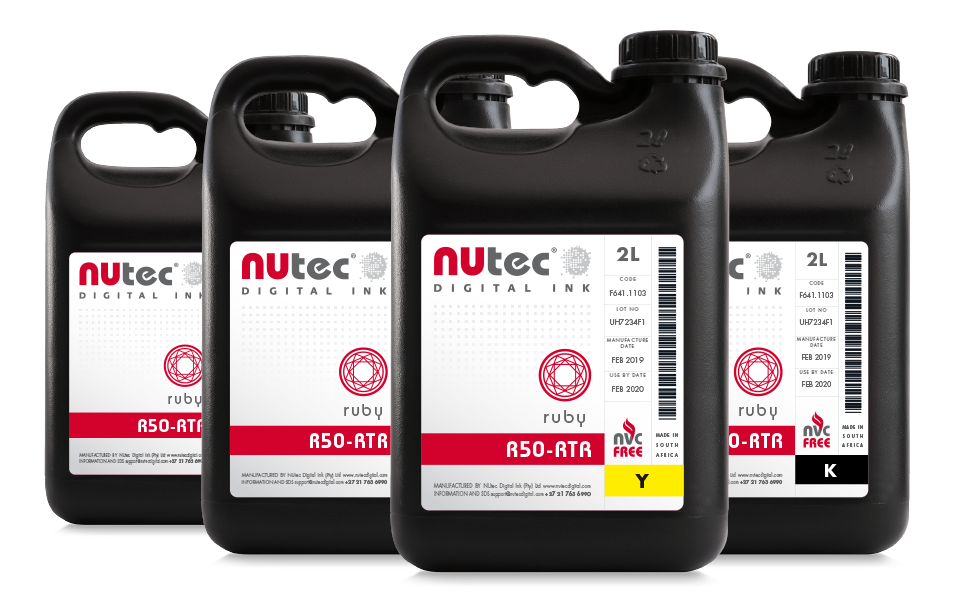 NUtec Digital Ink R50-RTR UV digital printing ink bottles for billboard and mall display applications, part of the Ruby UV ink range optimized for LED technology