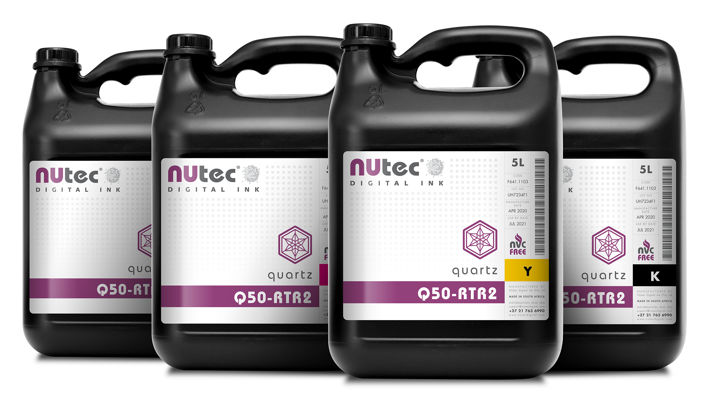 NUtec Q50-RTR2 5L CMYK digital printing ink bottles, part of NUtec's UV-curable ink range expansion