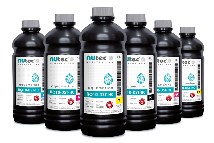 NUtec Digital Ink AQ10-DST-HC 1kg cyan, magenta, yellow, white, and fluorescent inks for digital printing, expanding dye sublimation range with fluorescent options.