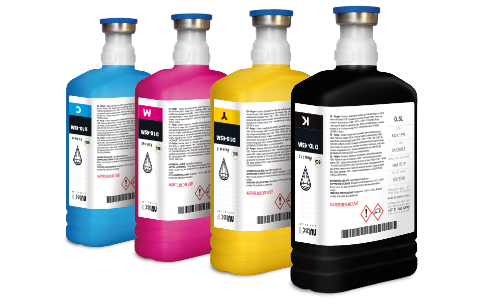 NUtec Digital Ink's D10-ESM eco-solvent ink set for Roland Eco-Sol MAX2 printers, includes cyan, magenta, yellow, and black ink bottles