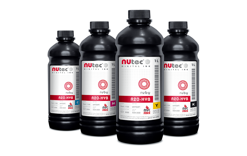 NUtec Digital Ink Ruby R20-HYB 1L CMYK ink bottles, UV LED compatible, for digital printing