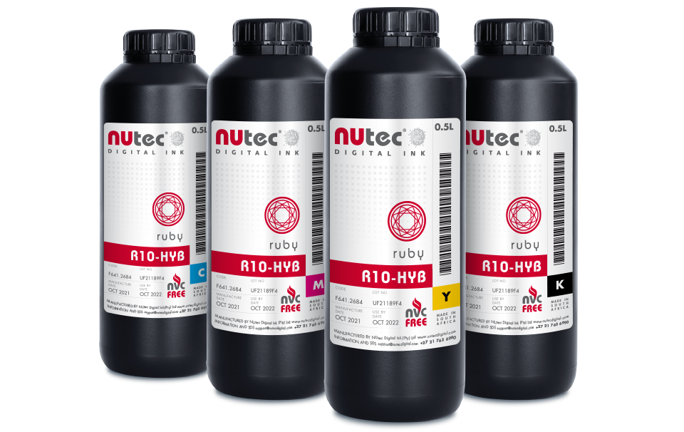 NUtec digital ink R10-HYB 0.5L bottles, UV-curable ink for Epson printheads, manufacturing for digital printing applications