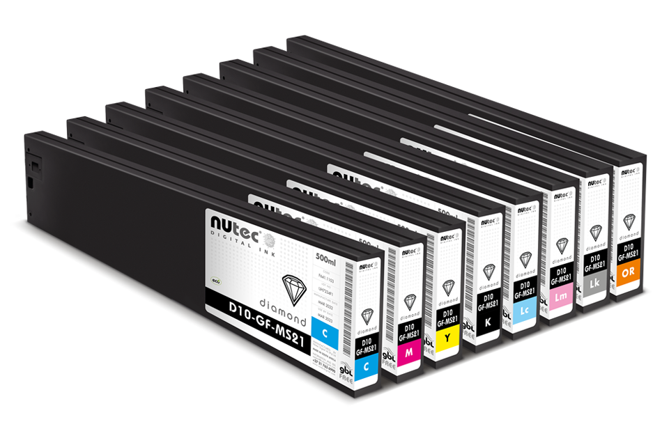 NUtec Digital Ink's Eco-Solvent range of 500ml ink cartridges including D10-GF-MS21 in orange for digital printing applications