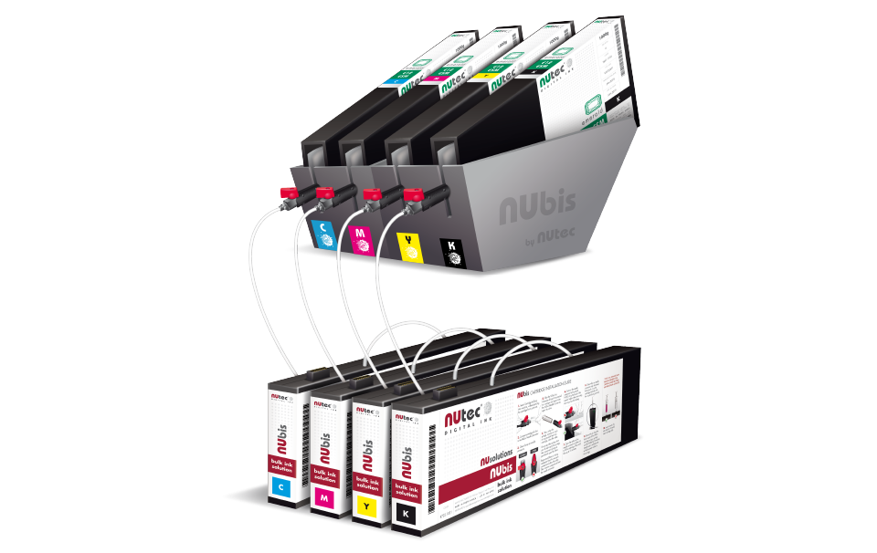 NUbis bulk ink system for continuous digital printing with multiple ink containers and dispensing channels, designed by NUtec Digital Ink.