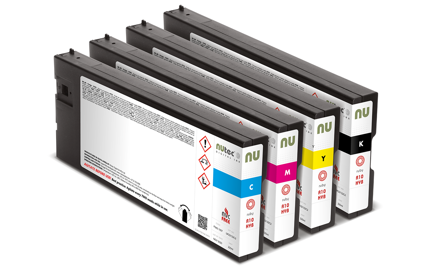 NUtec Digital Ink R10-HYB 220ml cartridge set for digital printing, part of the NVC-free UV LED range with endless possibilities