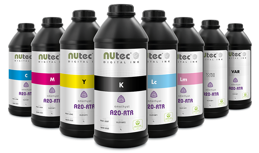 NuTech Digital Ink A20-RTR series bottles showing color range including CMYKLcLmWHVAR, with Greenguard Gold certification logo, highlighting safe, low-emission inks for digital printing.