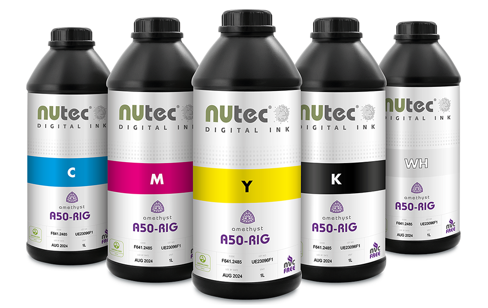 NUtec Digital Ink A50-RIG 1L GG CMYKWH bottles for digital printing on rigid media, featuring forest with heart and sun design, representing innovation and sustainability