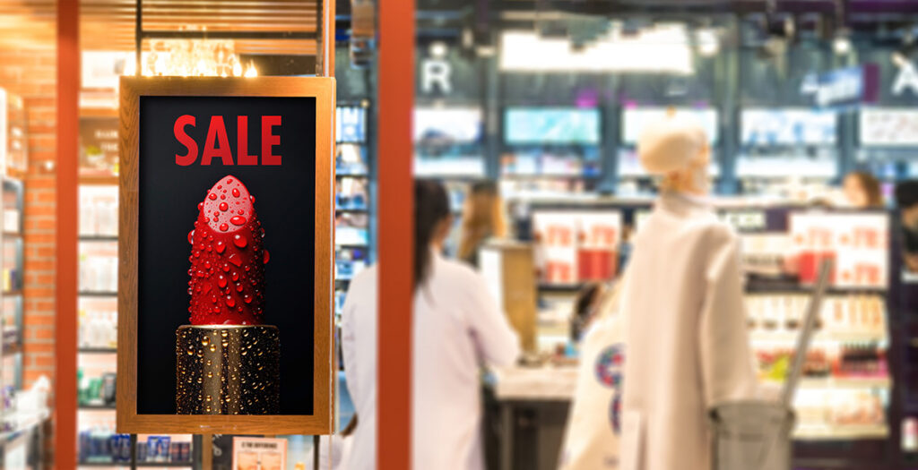 Storefront poster display featuring a lipstick with a sale sign, related to NUtec Digital Ink's low viscosity UV ink for Epson print heads