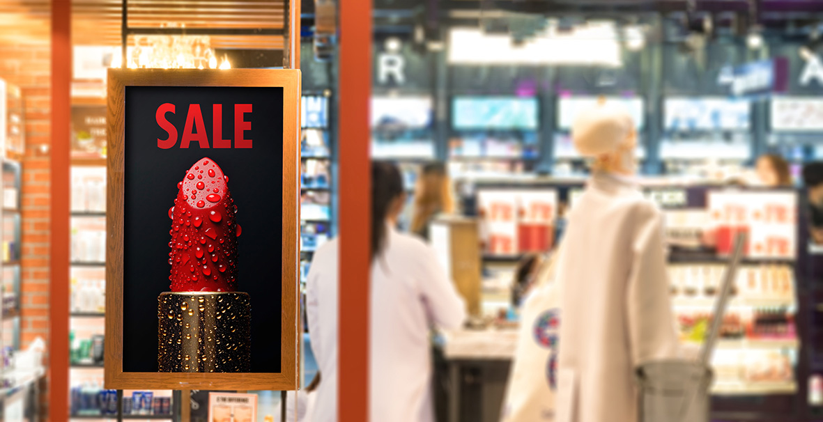 Storefront poster display featuring a lipstick with a sale sign, related to NUtec Digital Ink's low viscosity UV ink for Epson print heads