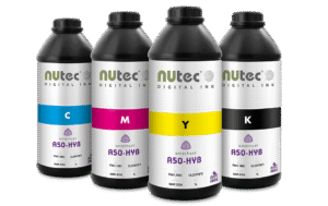 Amethyst A50-HYB hybrid UV ink bottles for wide format printing, suitable for rigid and roll-to-roll media, compatible with LED and UV lamps