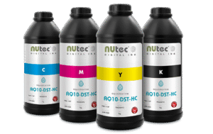 NUtec Aquamarine AQ10-DST-HC dye sublimation ink 1kg pack in CMYK with fluorescent yellow and pink options, suitable for coated and uncoated transfer paper, compatible with Epson® print heads