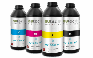 Aquamarine AQ15-DST-HC dye sublimation ink for Kyocera® KJ4B print heads, available in 1kg bottle, ideal for coated and uncoated transfer paper, with vibrant colours and high productivity.