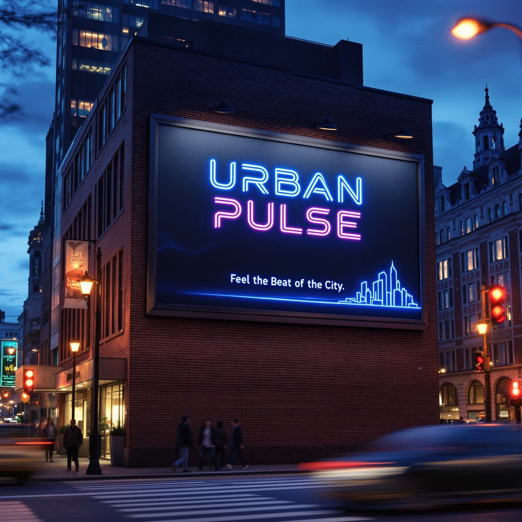 Urban Pulse neon billboard on a building at night, NUtec outdoor advertising digital ink in vibrant wide-format signage.