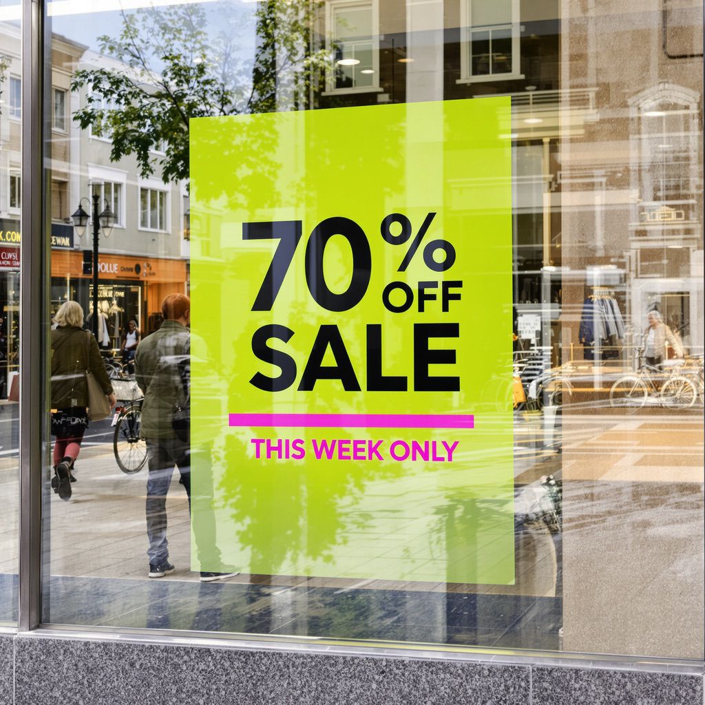 Fluorescent vinyl window display with '70{d8a0dacfdda424957de4b2f4f276d086800de00c237c9f2b0ea69416263fb88a} off sale' and 'This week only' text, glowing brightly.