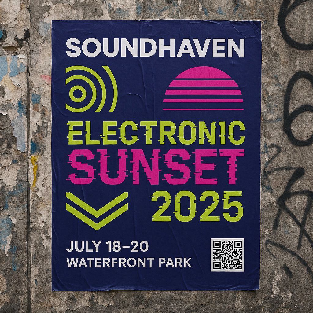 NUtec outdoor advertising digital inks: Soundhaven poster on graffiti wall featuring sun graphic and event details.