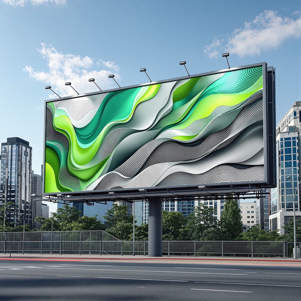 Large billboard with green and white abstract design, illustrating billboard printing inks for frontlit PVC outdoor advertising.