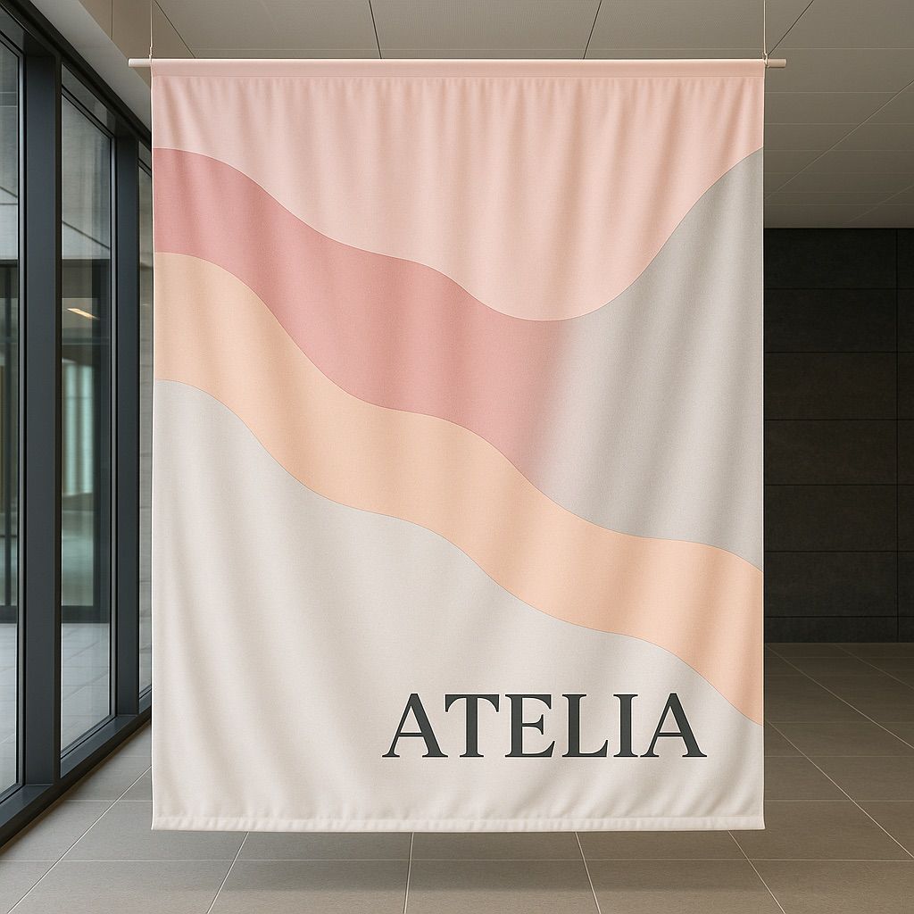 Large pink and beige 'ATELIA' banner showcasing digital textile printing inks for custom textiles on polyester transfer paper.