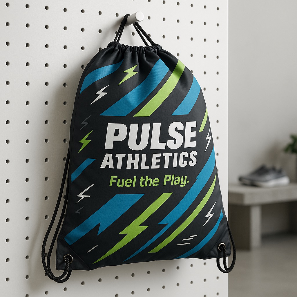 Drawstring yoga bag with blue/green stripes and lightning bolts, hanging on a pegboard; illustrates promotional textile printing inks