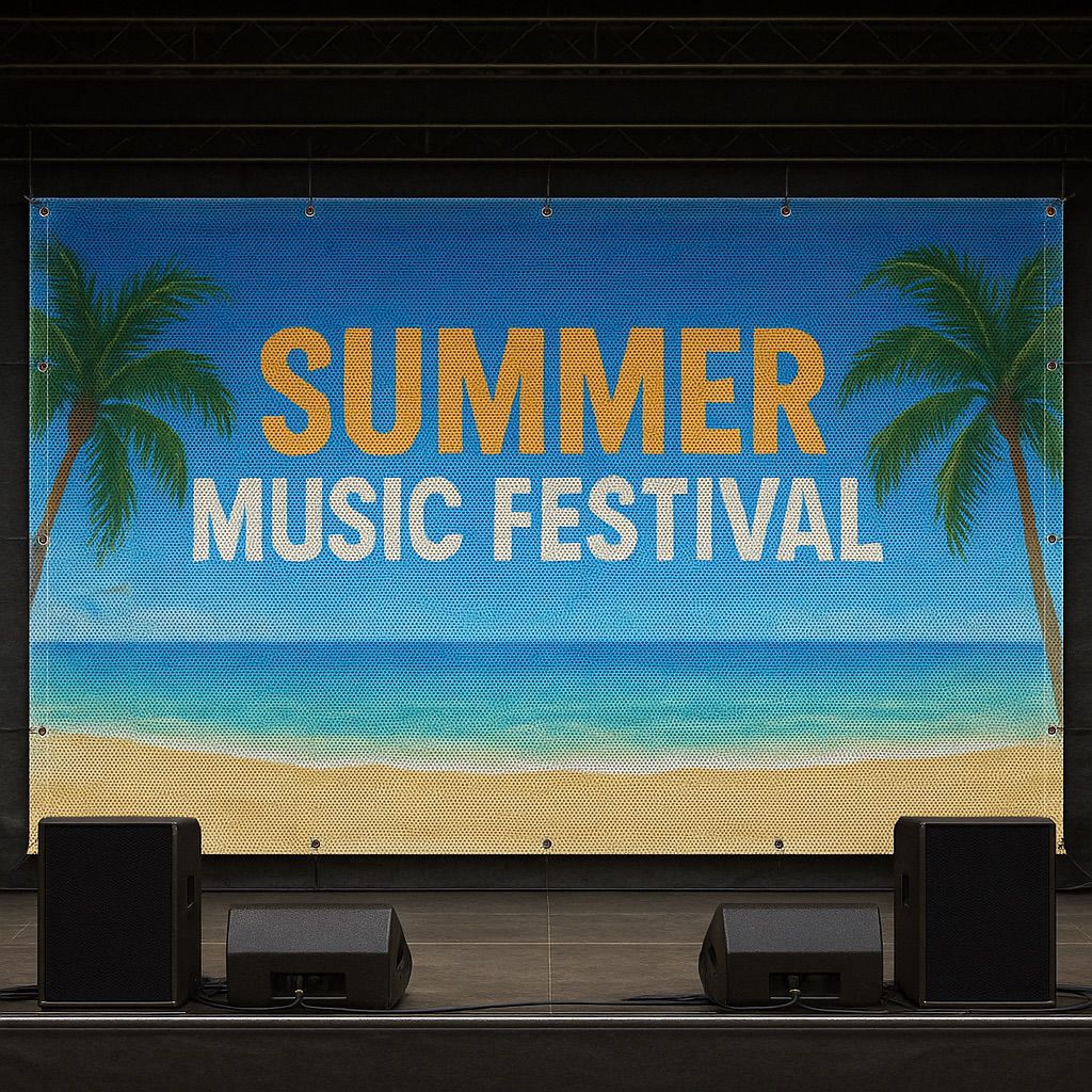 NUtec stage backdrop digital inks on PVC mesh banner delivering vibrant stage visuals with yellow text on blue.