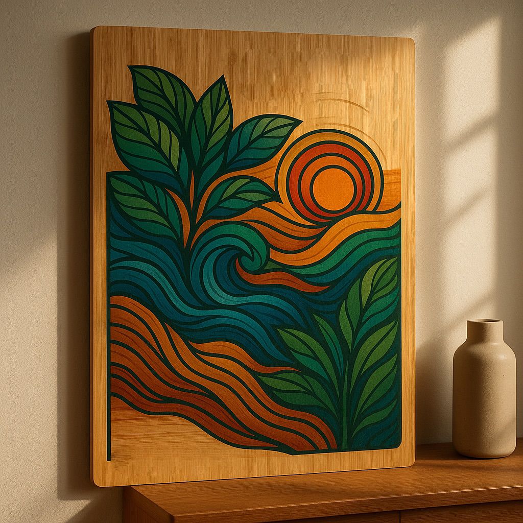 Fine art digital ink on a wooden panel: abstract plant, waves and sun design in a NUtec UV-curable ink print.
