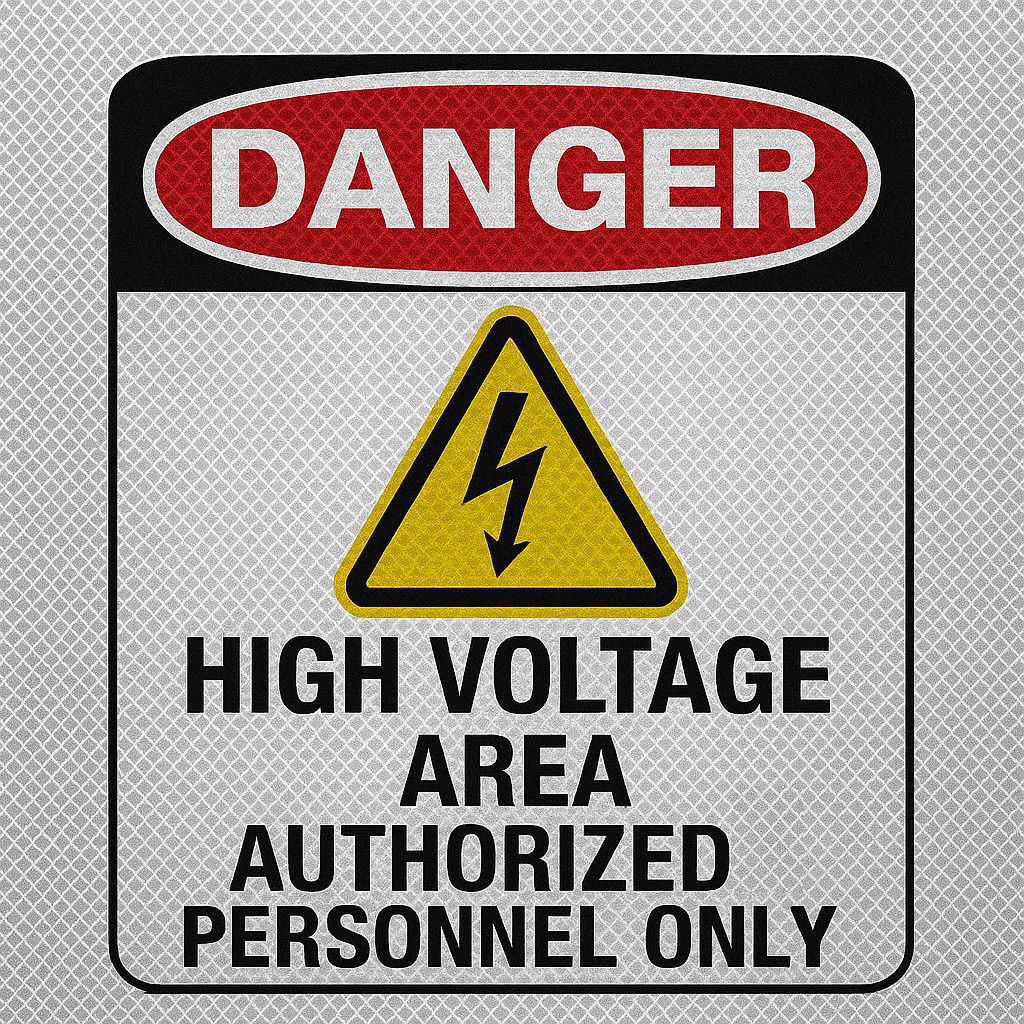 NUtec Safety Signage Digital Ink on reflective vinyl—high-visibility warning symbol with yellow lightning bolt
