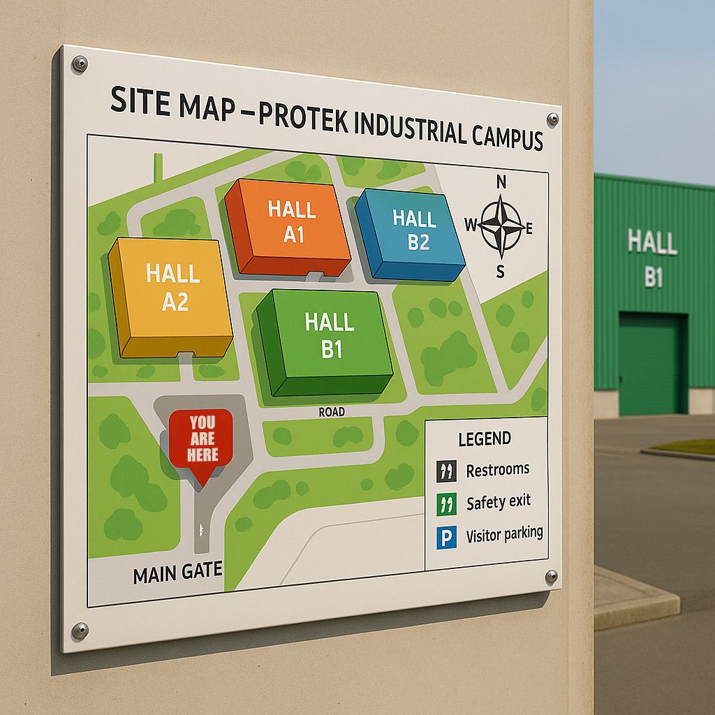 Site Map Printing Inks by NUtec: industrial campus map on a whiteboard with buildings and legend