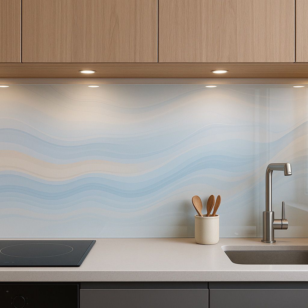 Modern kitchen with wooden cabinets and white countertop; acrylic backsplash in digital ink kitchen backsplash.