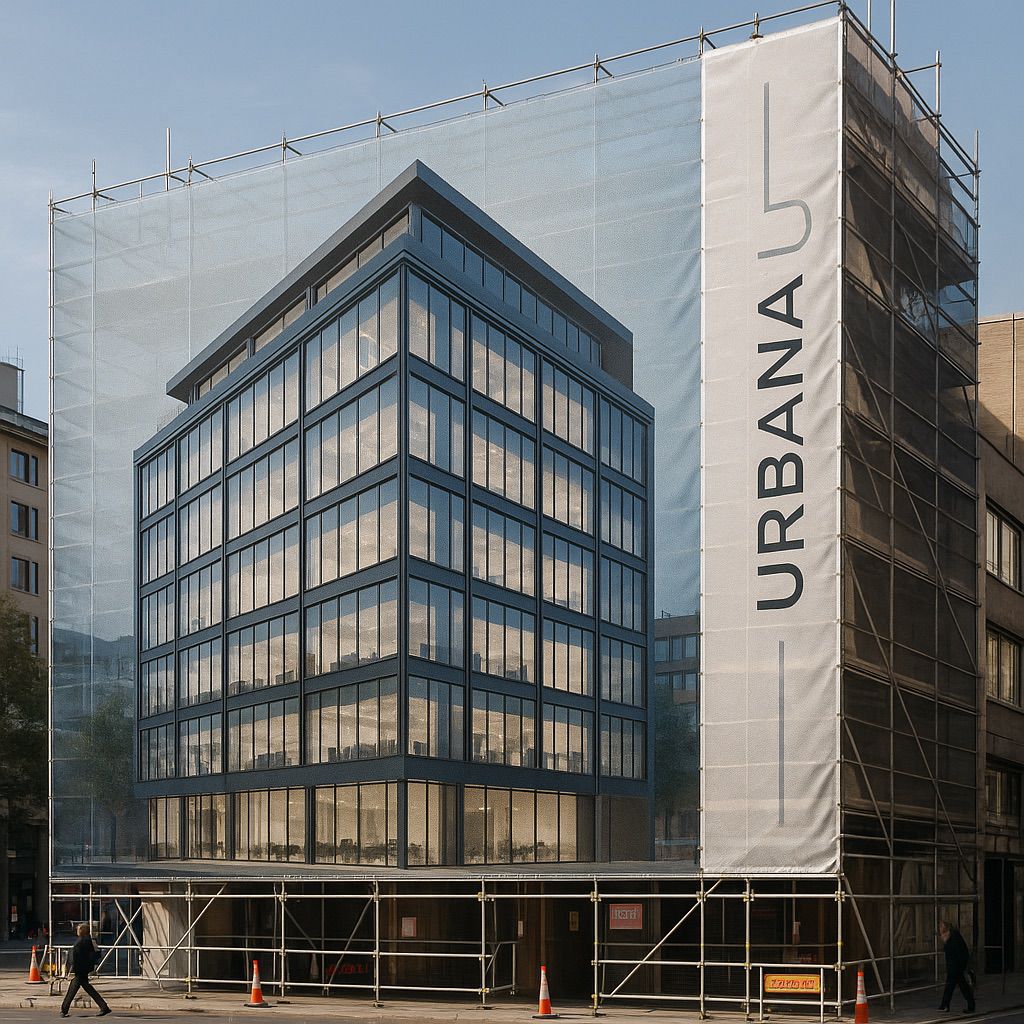 NUtec Building Wrap Digital Inks on a modern building exterior, showcasing durable UV-cured and mild solvent options.