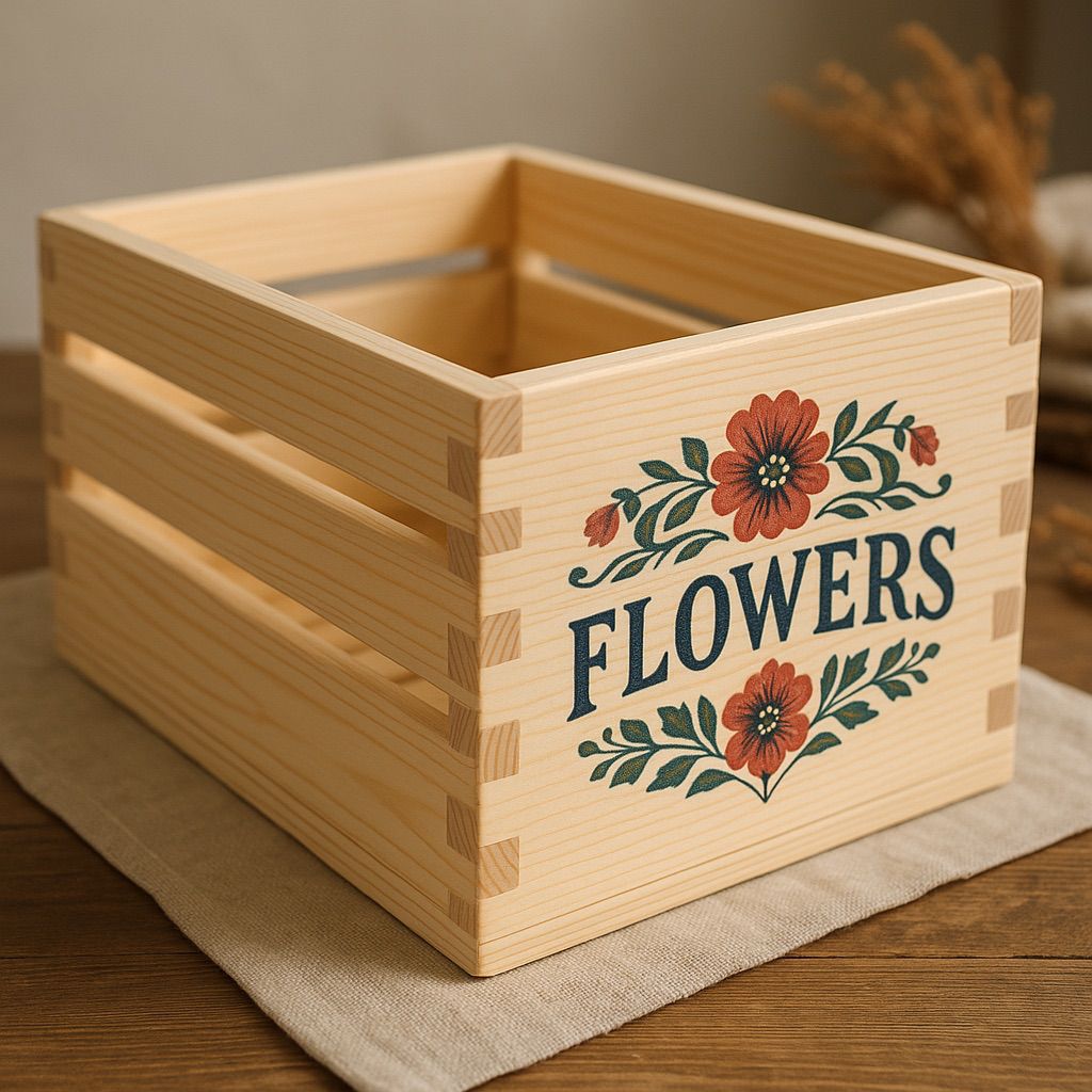 Decorative wooden crate with 'FLOWERS' in cursive, showcasing direct-to-wood printing with NUtec Digital Ink's UV-cured inks.