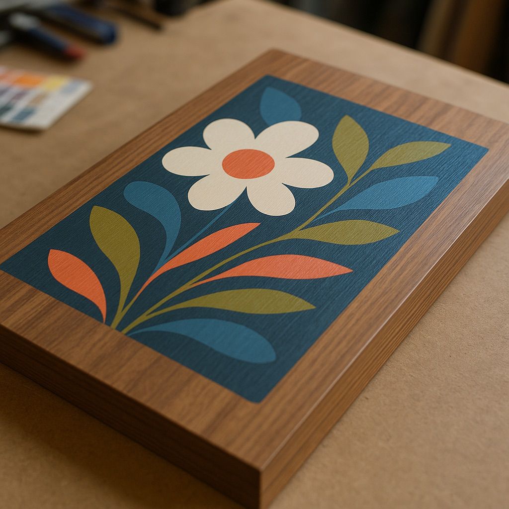 Digital Ink Decorative Panels by NUtec: UV-Cured Hybrid on MDF with a white flower and colorful leaves on blue
