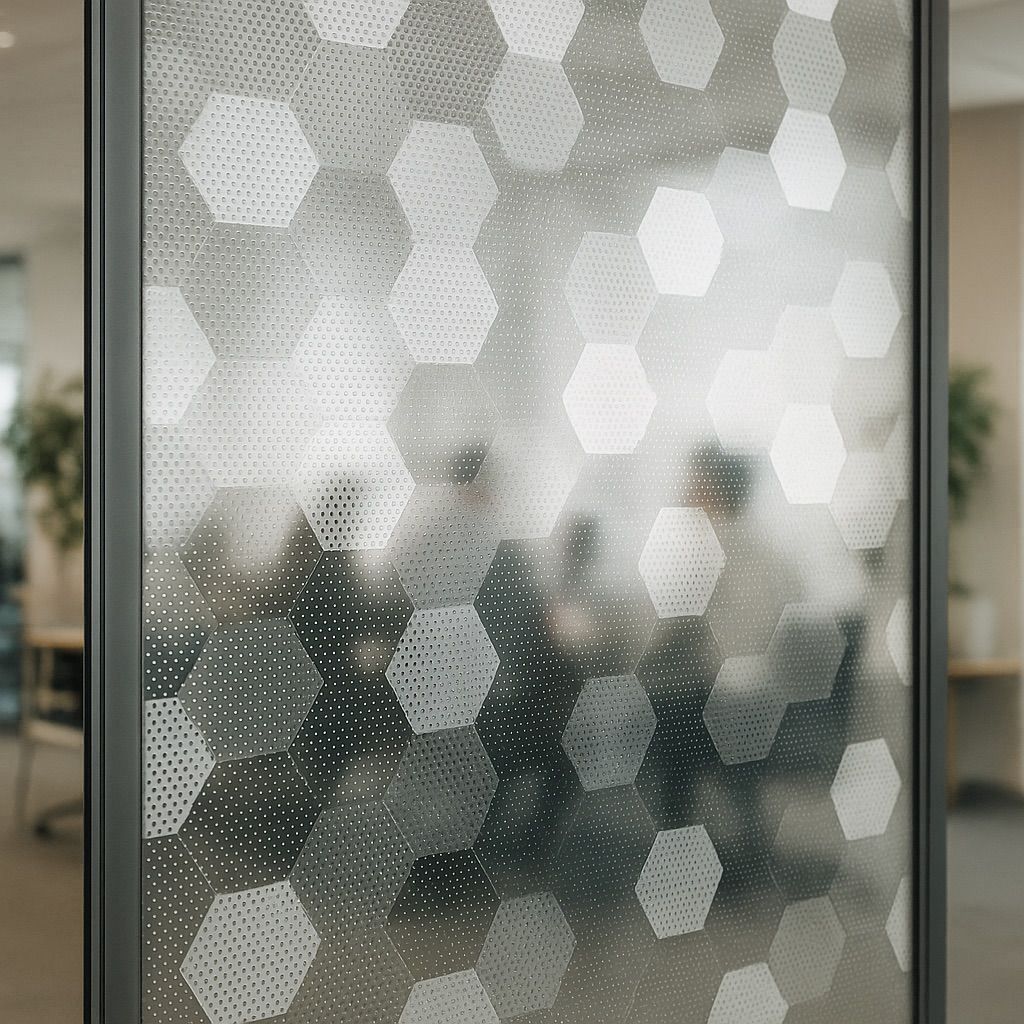 NUtec Digital Ink Digital Inks Privacy Films: close-up of privacy film on translucent glass with geometric pattern
