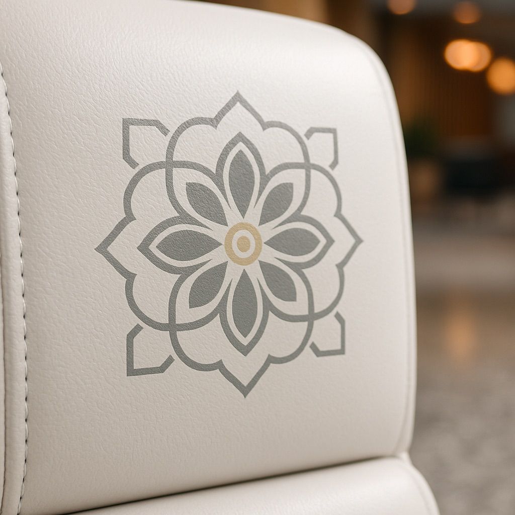 Close-up of white leather chair backrest and beige seat with a black floral outline pattern, Digital Ink Leather Upholstery