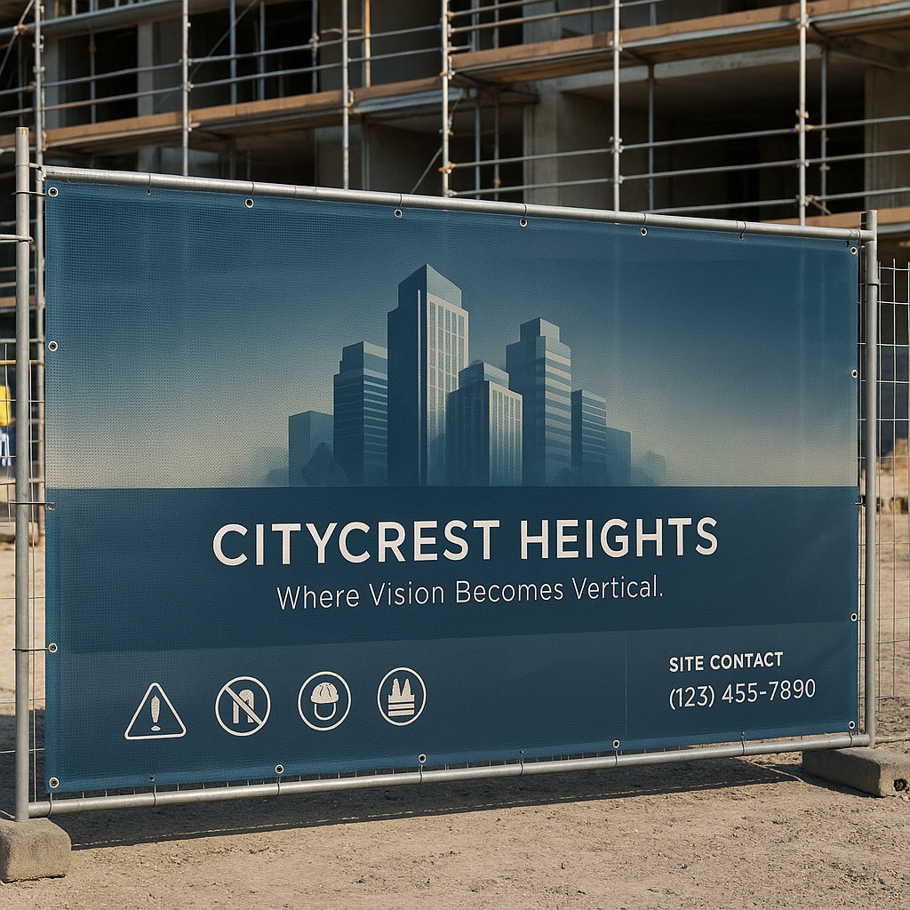 Blue construction fence printing inks on a PVC mesh banner advertising a real estate project.