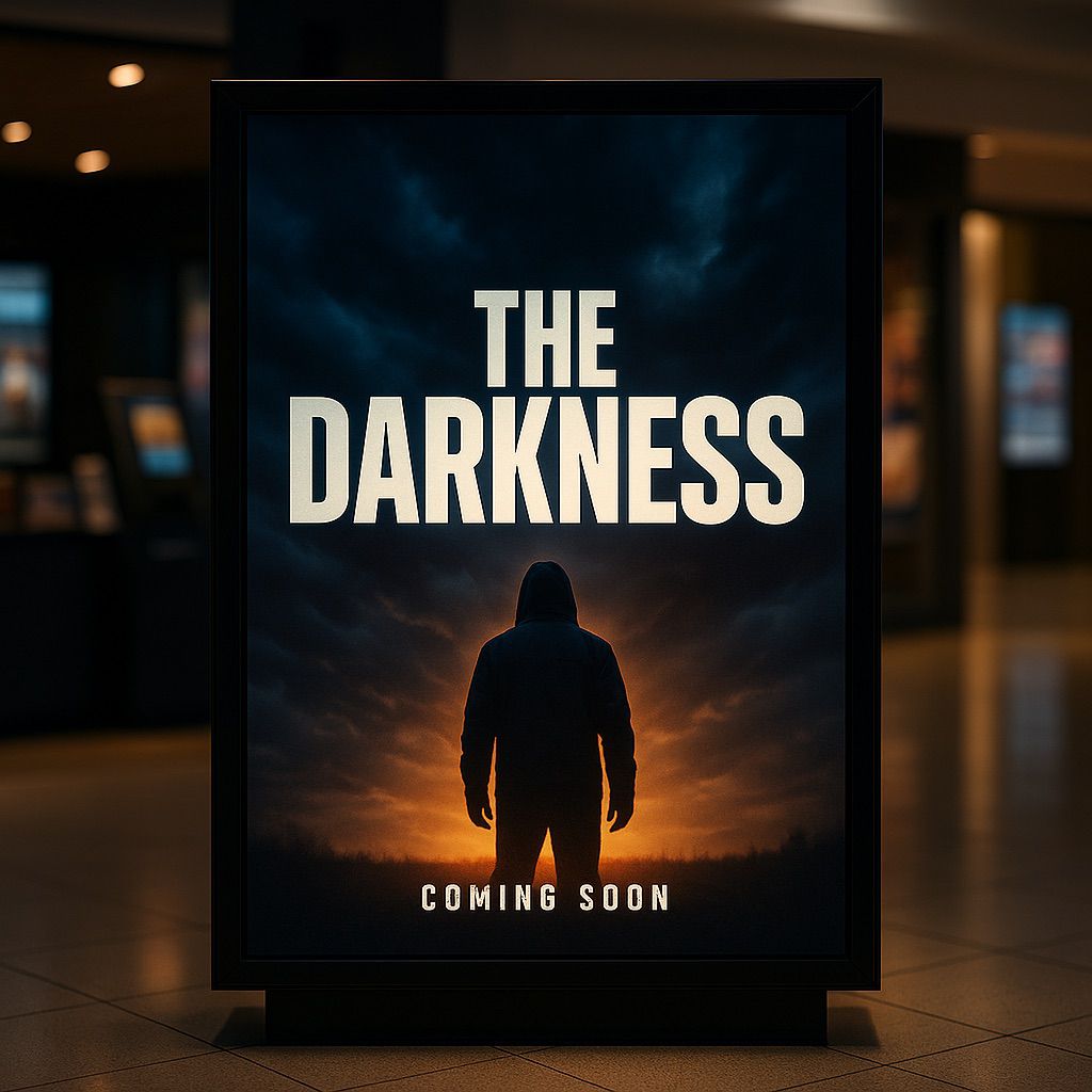 Moody movie poster featuring a hooded figure at sunset, displayed in an airport terminal; Movie Poster Digital Ink