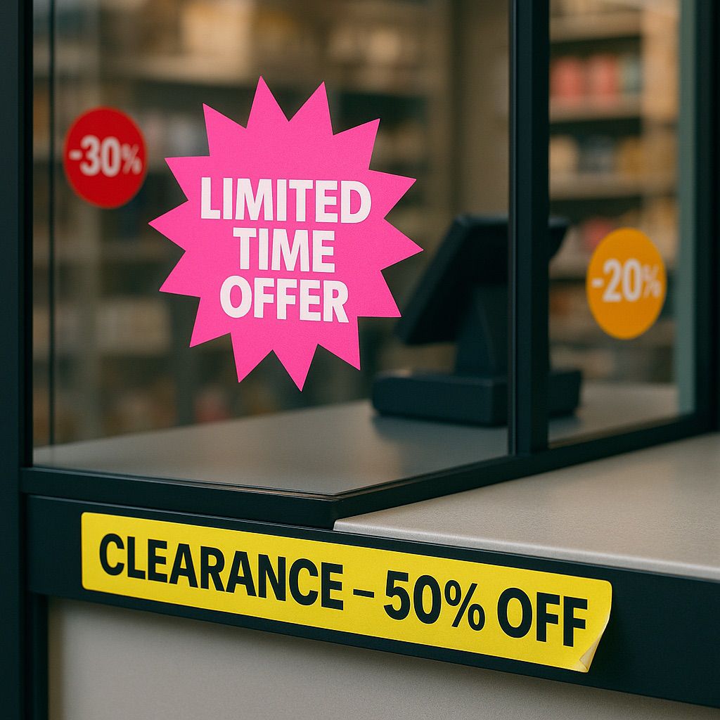 Close-up view of a store window with clearance sign, featuring promotional decals and promotional decal printing inks.