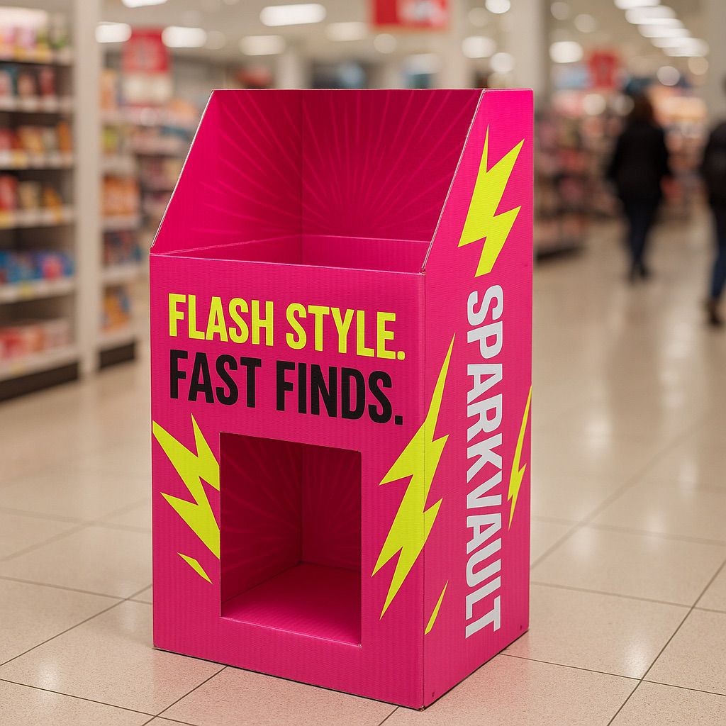 Pink cardboard promotional display box on a store aisle, highlighting vibrant signage with Retail Display Printing Inks