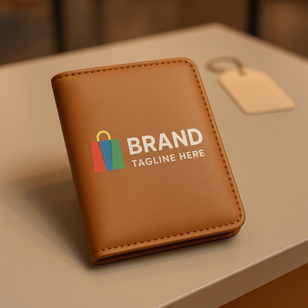 Leather wallet with brand logo and tagline, showing retail item customization with Retail Promotional Printing Inks