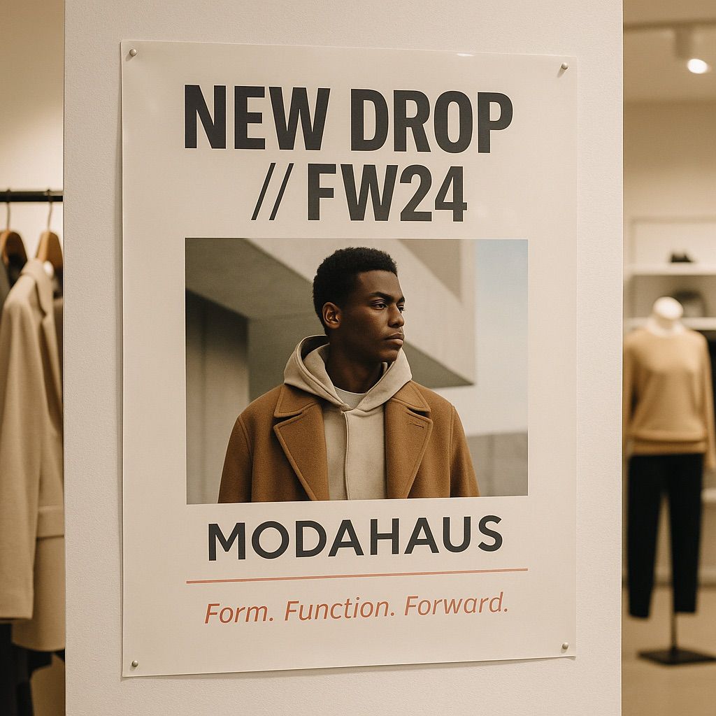 Young man in a brown coat in a bright clothing store beside a rack; retail promotional display inks on signage.