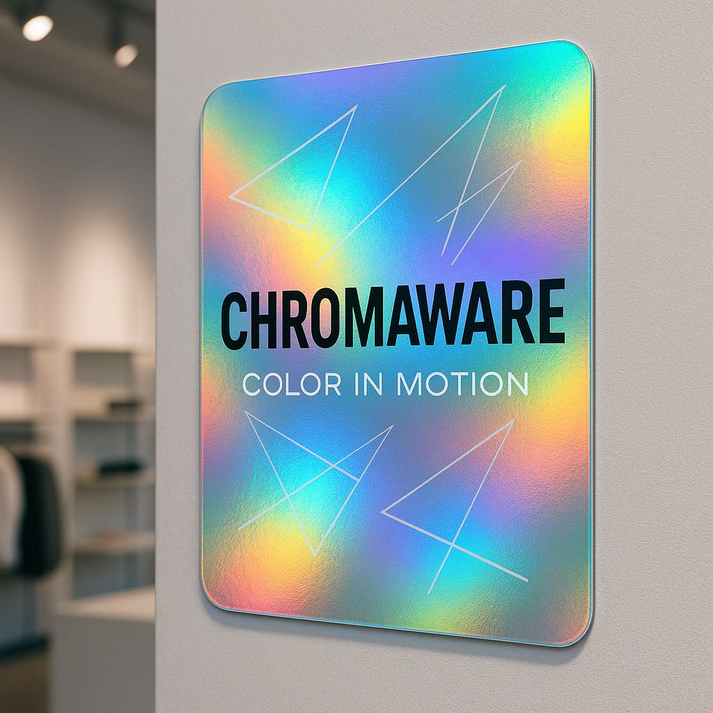 Chromaware display showcasing a rainbow gradient promotional sign for Retail Promotional Signage Inks