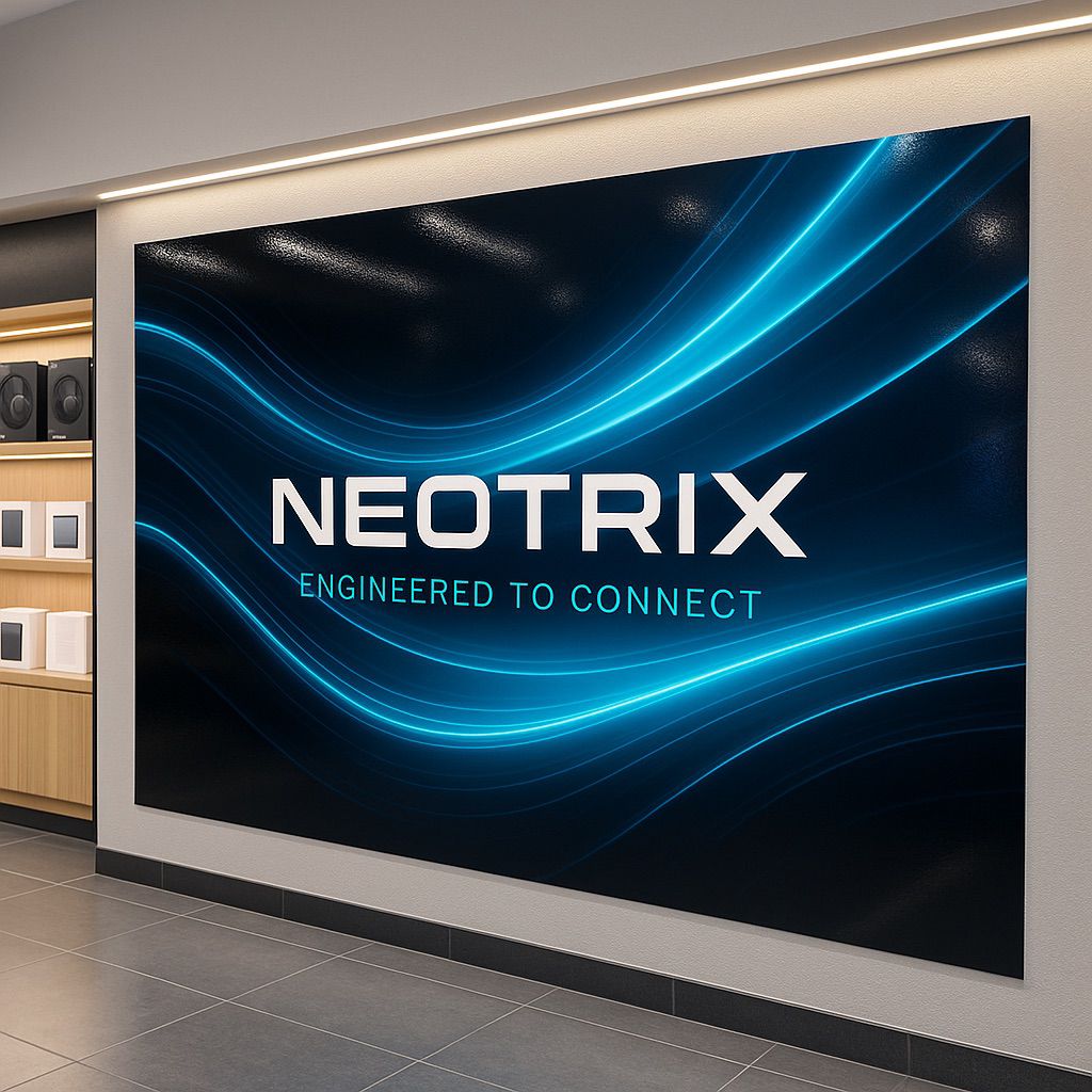 Retail store display with a large screen and electronics on a wooden shelf, showcasing Retail Display Digital Inks